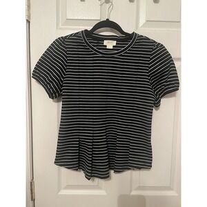 Maeve Anthropologie Black White Striped Pleated Hem Top Small Short Sleeve
